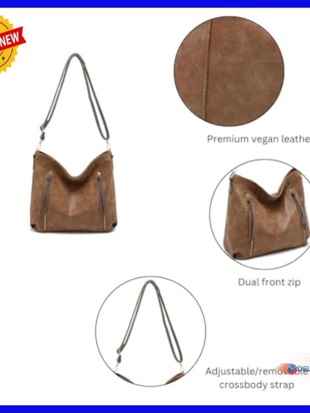 Vegan Leather Hobo Bag 3 Compartments Crossbody Shoulder Purse Work Travel